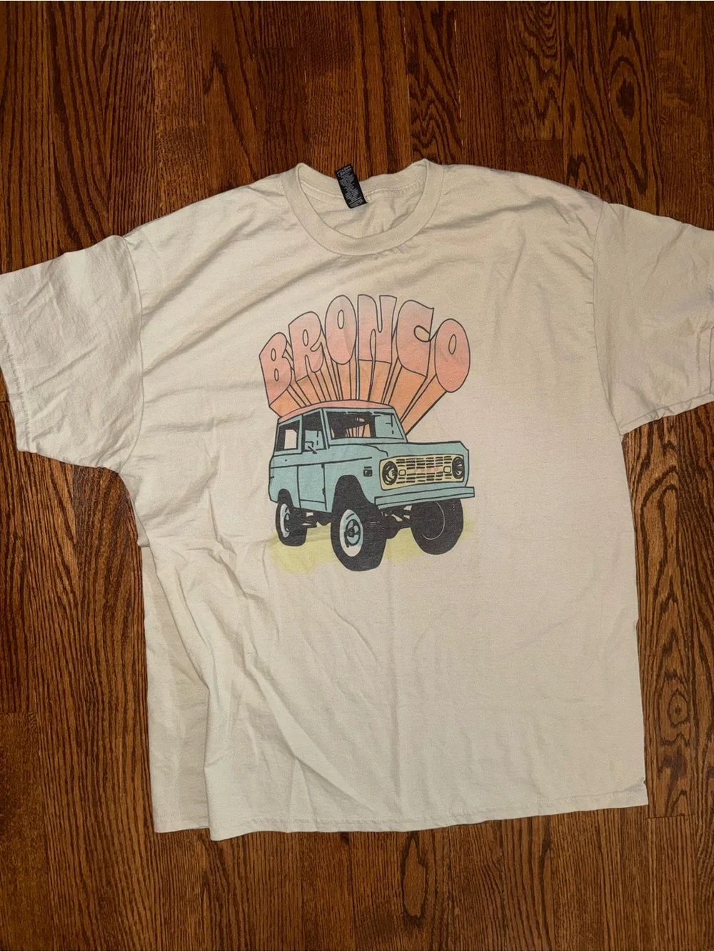 Gildan Cream Bronco Graphic Tee with Pink & Light Blue Art
